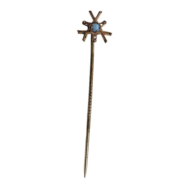 Vintage Gold Tone Stick Pin With Blue Opal Gemstone Accent Starburst Design - Picture 1 of 5